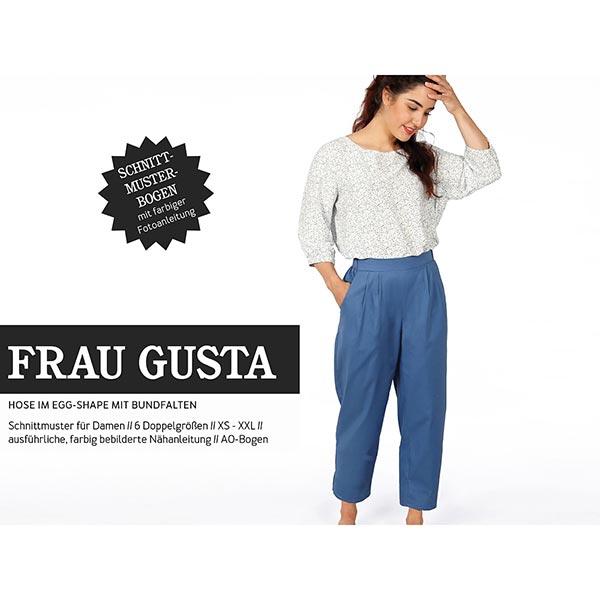 Pantalon coupe œuf avec plis à la ceinture élastique FRAU GUSTA   Patron prêt à découper   XS-XXL